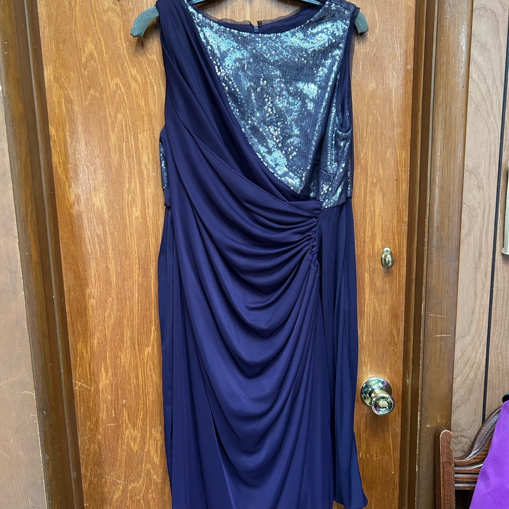 Adrianna Papell Navy One Shoulder Dress with Sequins